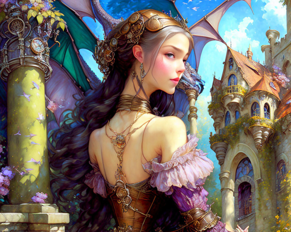 Elfin woman with crown and jewelry in purple fantasy attire before ornate castle