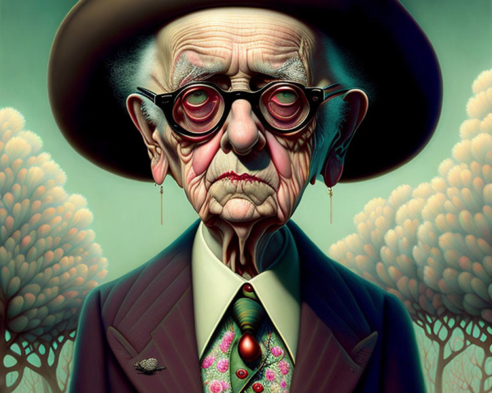 Elderly man caricature with wide-brimmed hat and round glasses