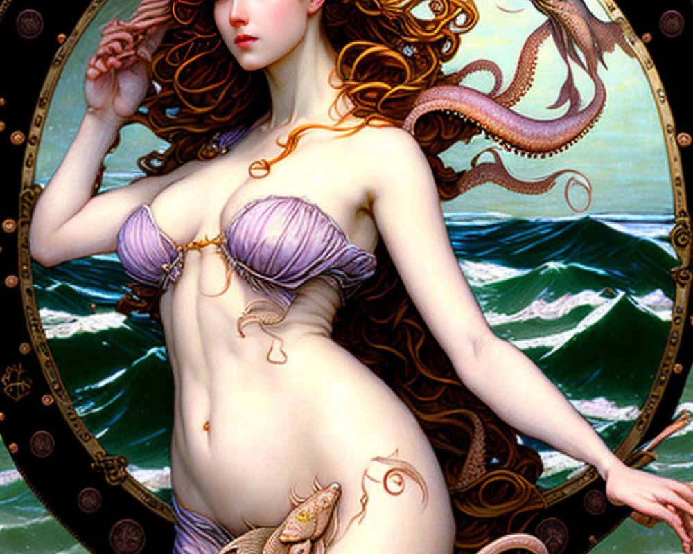 Mermaid fantasy illustration with red hair and nautical theme.