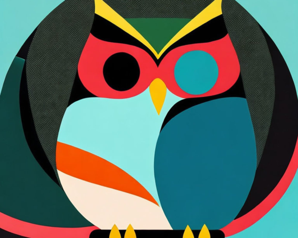 Colorful Owl Graphic Illustration with Abstract Shapes on Teal Background