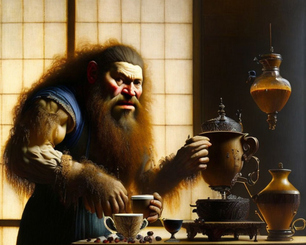 Anthropomorphic ape-like creature holding teacup in stylized room