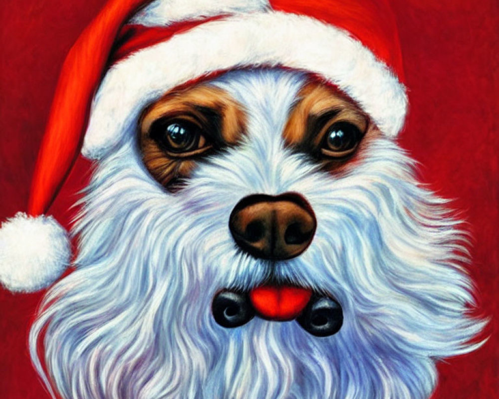 Colorful Dog Illustration with Santa Hat on Red Background