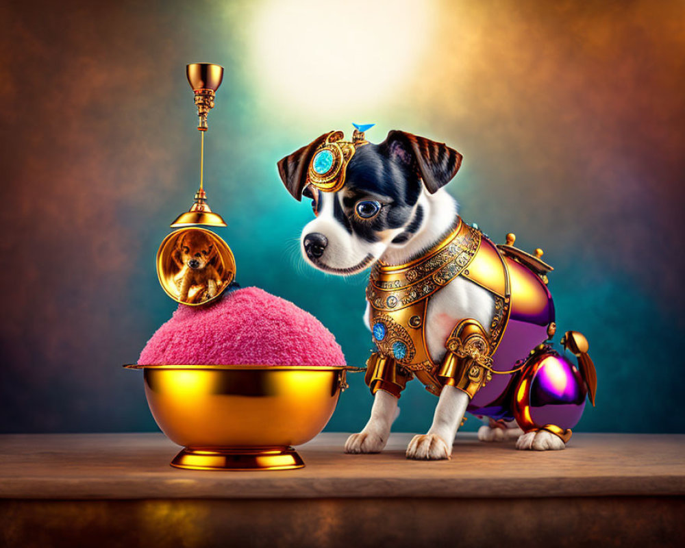 Steampunk-style armored dog with crystal ball and golden goblet on colorful backdrop