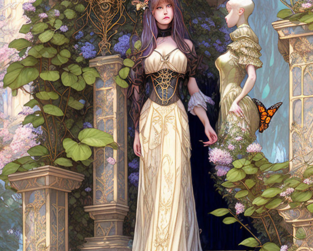 Fantasy illustration of woman in purple hair, golden gown, garden with clock & statue