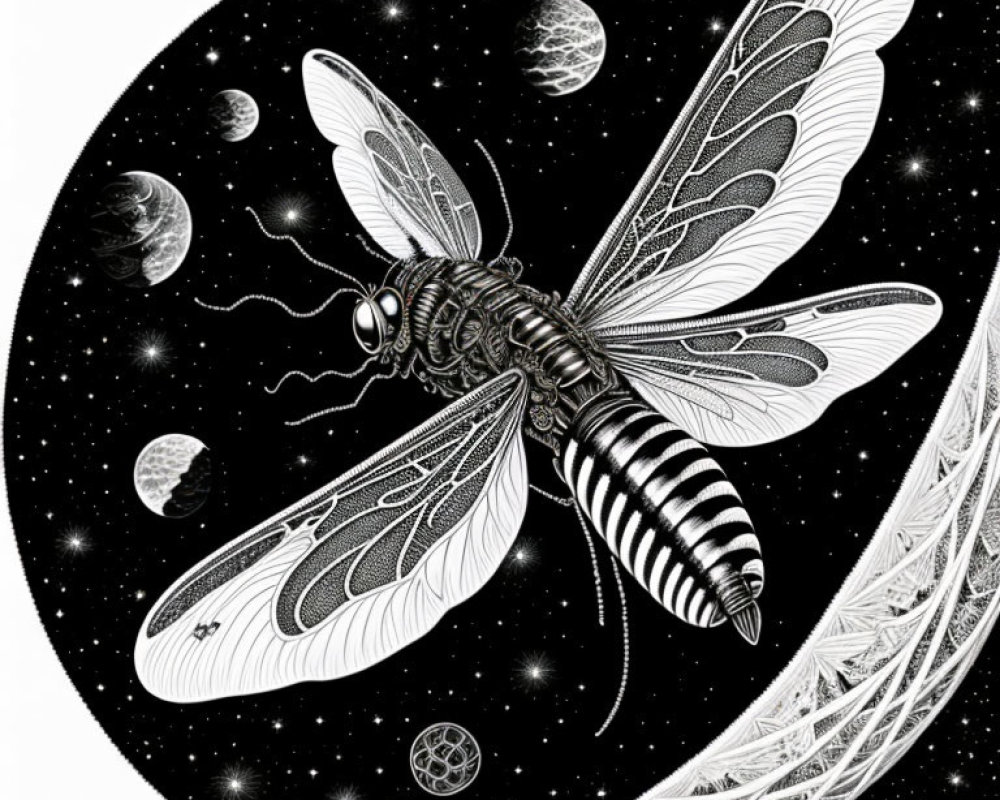 Detailed black and white dragonfly illustration with cosmic backdrop.