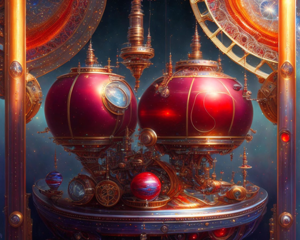 Steampunk-inspired contraption with ornate metalwork and intricate gears on starry backdrop