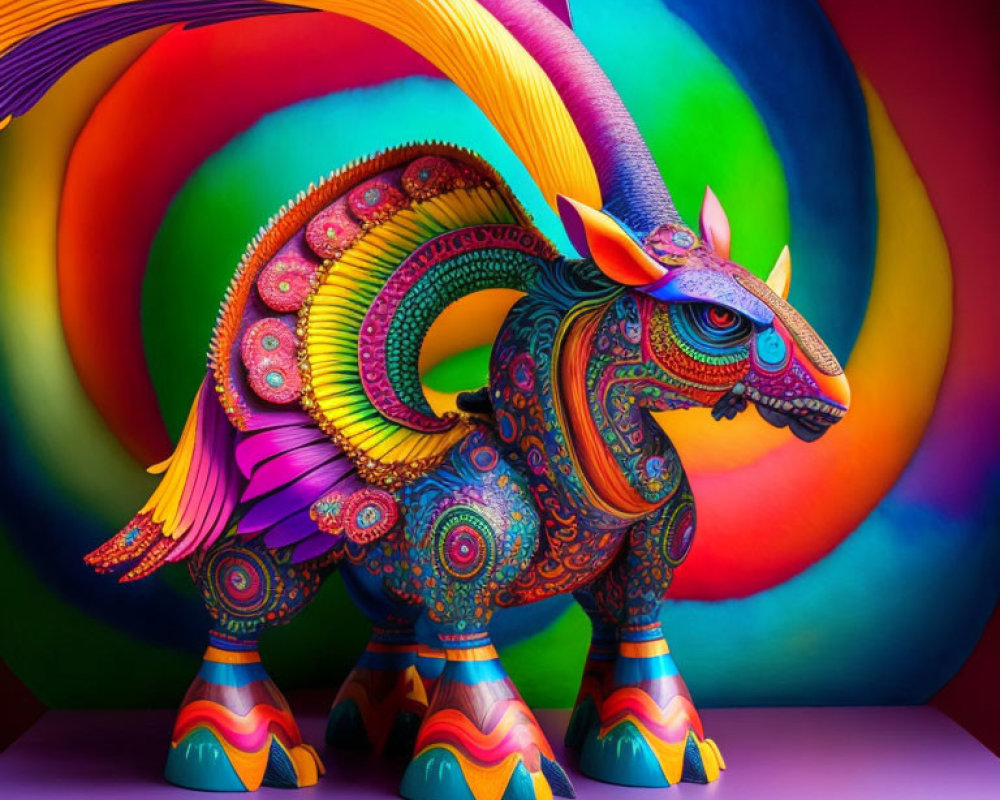 Colorful Mythical Creature Sculpture with Horns and Mane on Multicolored Background