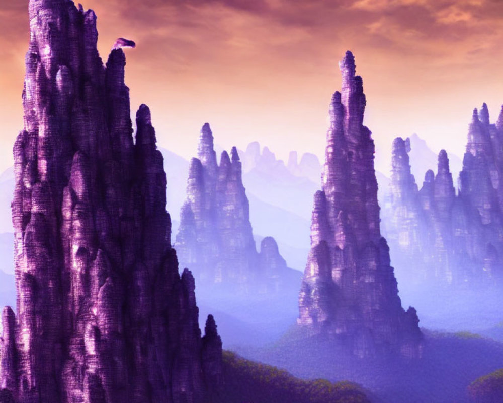 Purple Rock Pillars in Misty Landscape Under Pink and Purple Sky