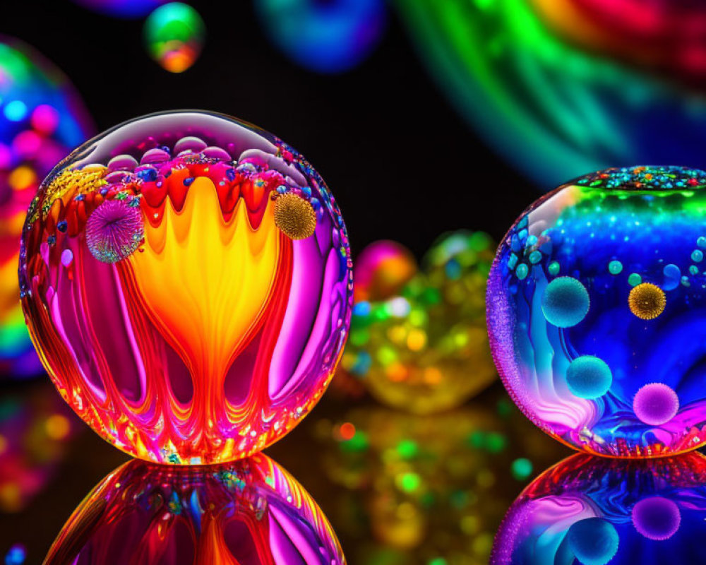 Vibrant Glass Spheres with Intricate Patterns on Dark Surface