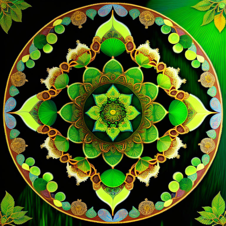 Intricate Green and Gold Mandala on Dark Background