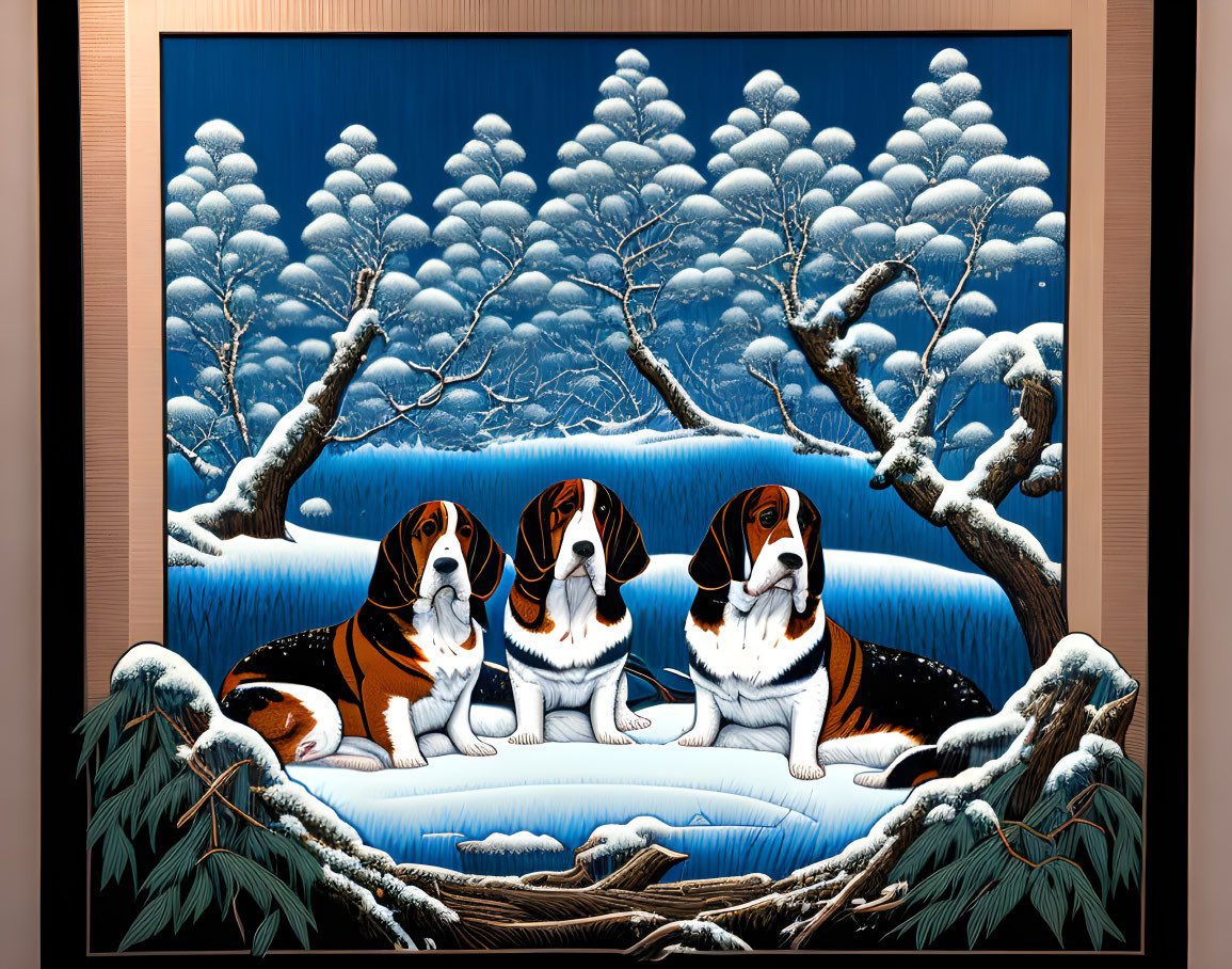 Framed artwork featuring two basset hounds in snowy landscape