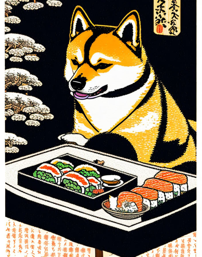 Stylized Shiba Inu Dog with Sushi Tray and Japanese Motifs