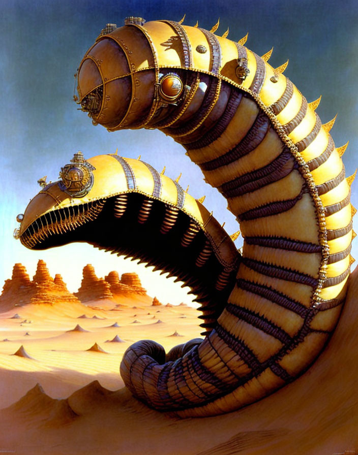 Golden segmented mechanical worm in desert landscape