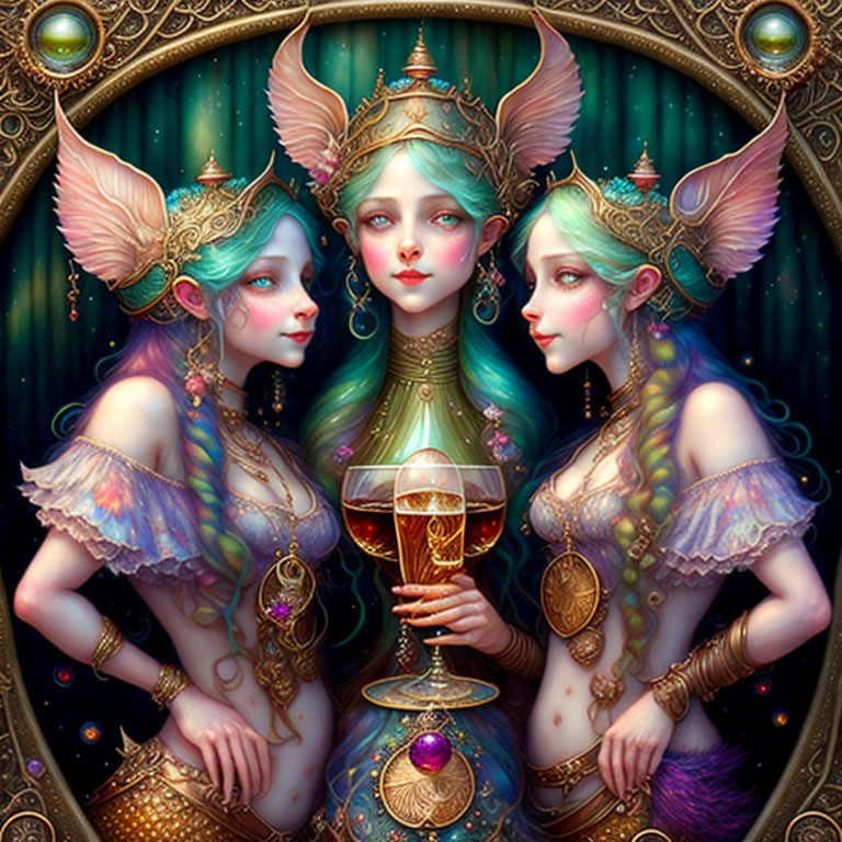 Fantasy female characters with ornate headpieces and golden goblet in mystical setting