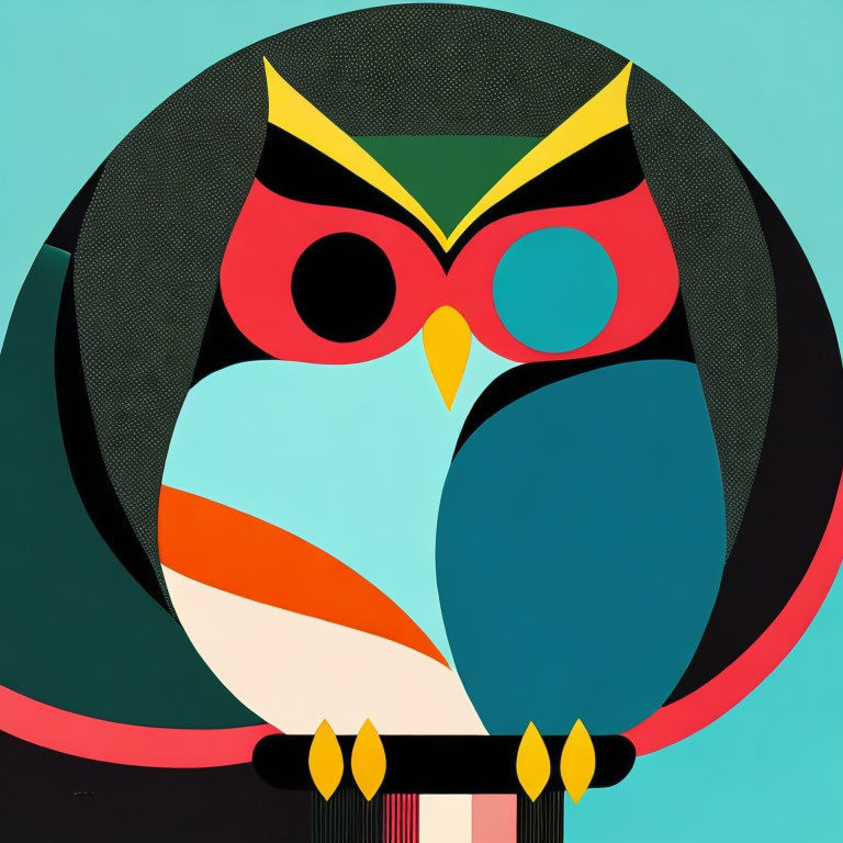 Colorful Owl Graphic Illustration with Abstract Shapes on Teal Background