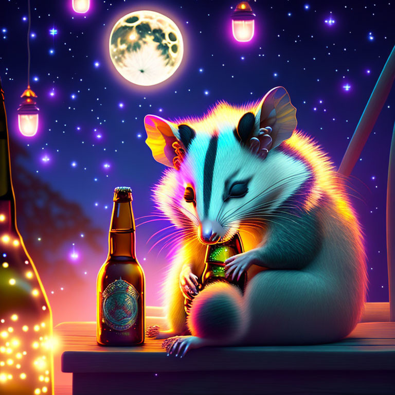 Anthropomorphized possum with beer bottle under starry night sky