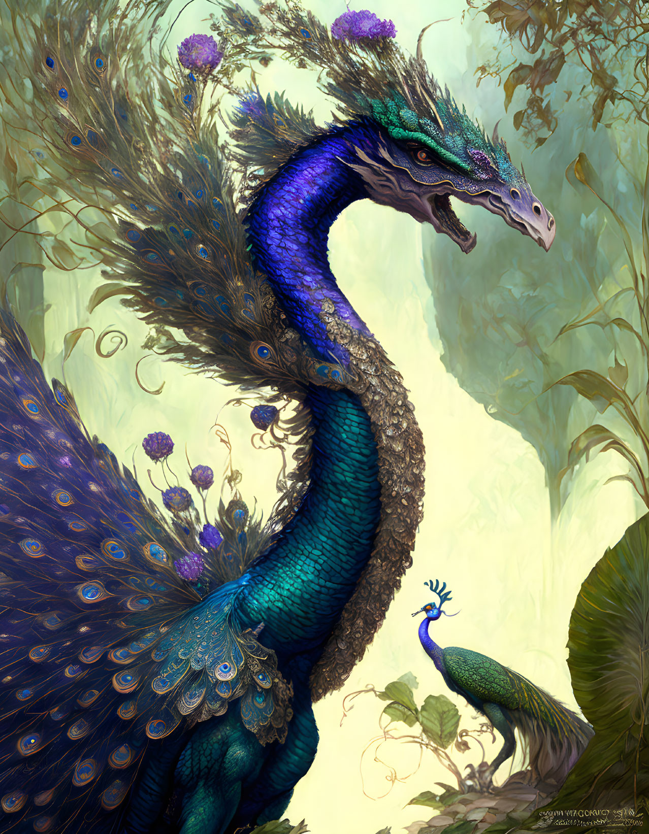 Fantasy artwork of majestic dragon with peacock-like plumage