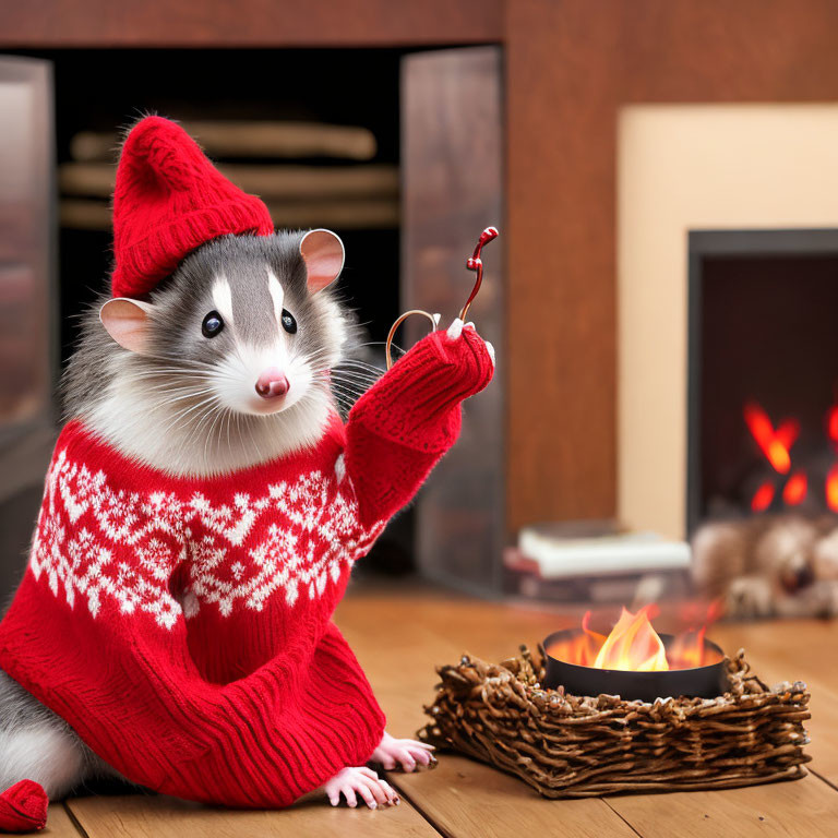 Opossum in red sweater by fireplace with marshmallow stick