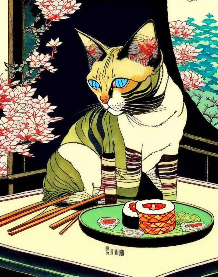 Colorful Cat Illustration with Sushi, Cherry Blossoms, and Dark Blue Sky