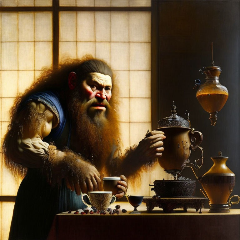 Anthropomorphic ape-like creature holding teacup in stylized room