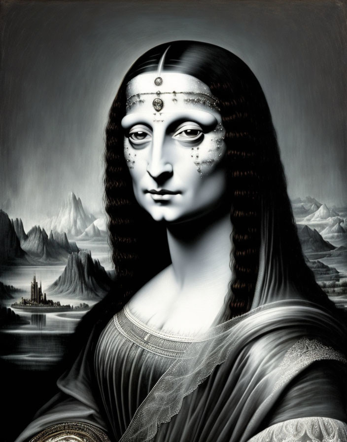 Monochromatic Mona Lisa reinterpretation in silver and gray with futuristic cyborg look.