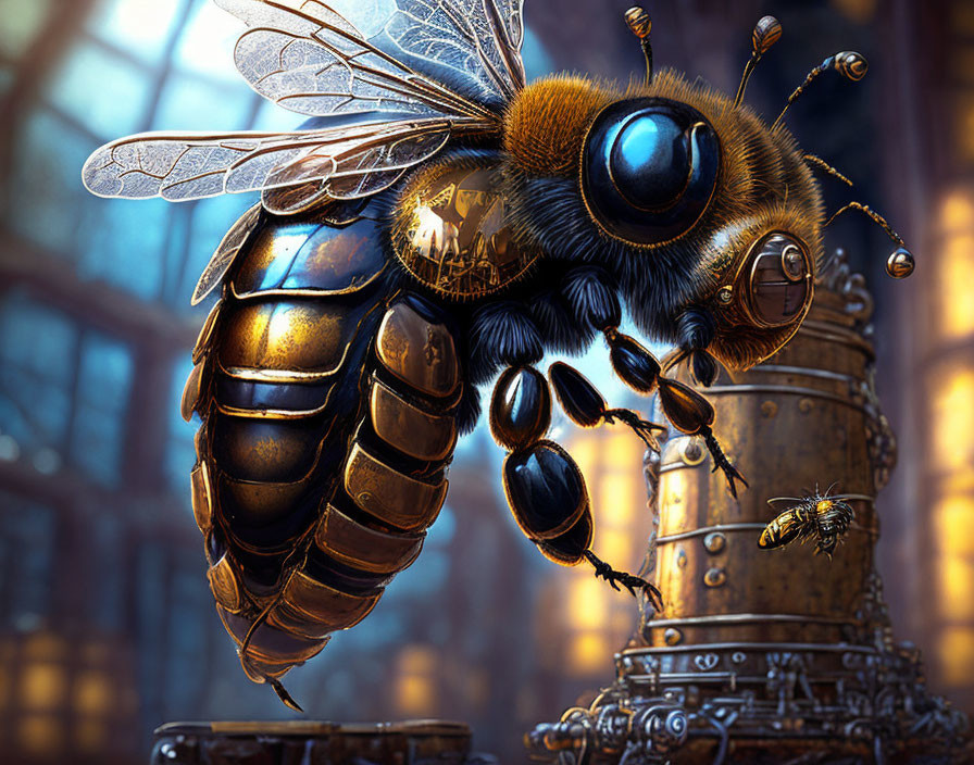 Detailed Digital Artwork of Mechanical Bee Near Hive