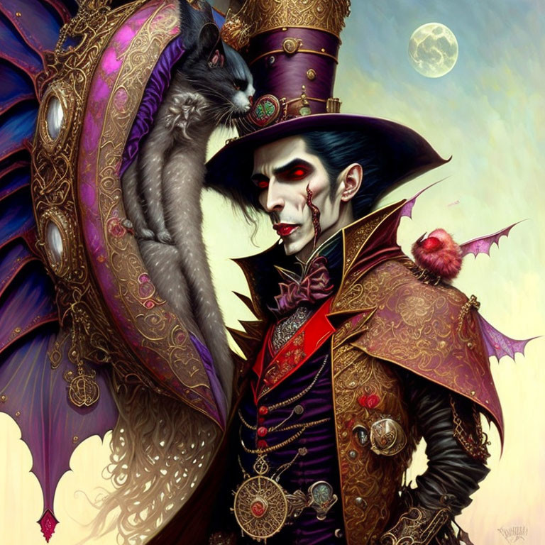 Gothic-inspired fantasy figure in purple and gold attire with cat scepter