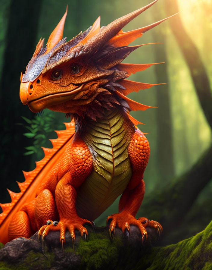 Detailed orange dragon on mossy forest floor