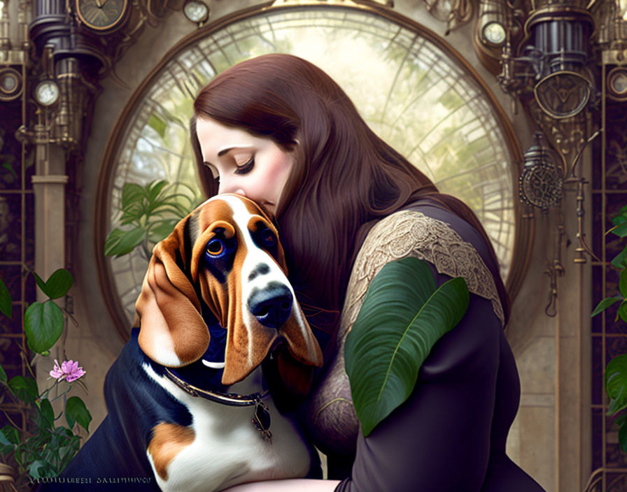 Woman nuzzling Basset Hound in whimsical garden room with metalwork and pink flowers