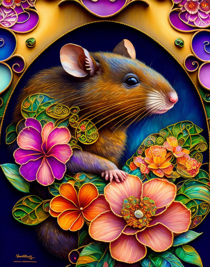 Colorful Brown Rat Surrounded by Flowers and Patterns on Dark Blue Background