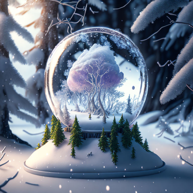 Snow globe with solitary tree in wintry setting surrounded by miniature pines