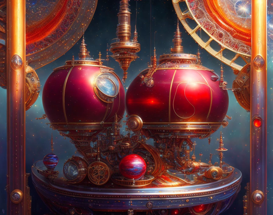 Steampunk-inspired contraption with ornate metalwork and intricate gears on starry backdrop