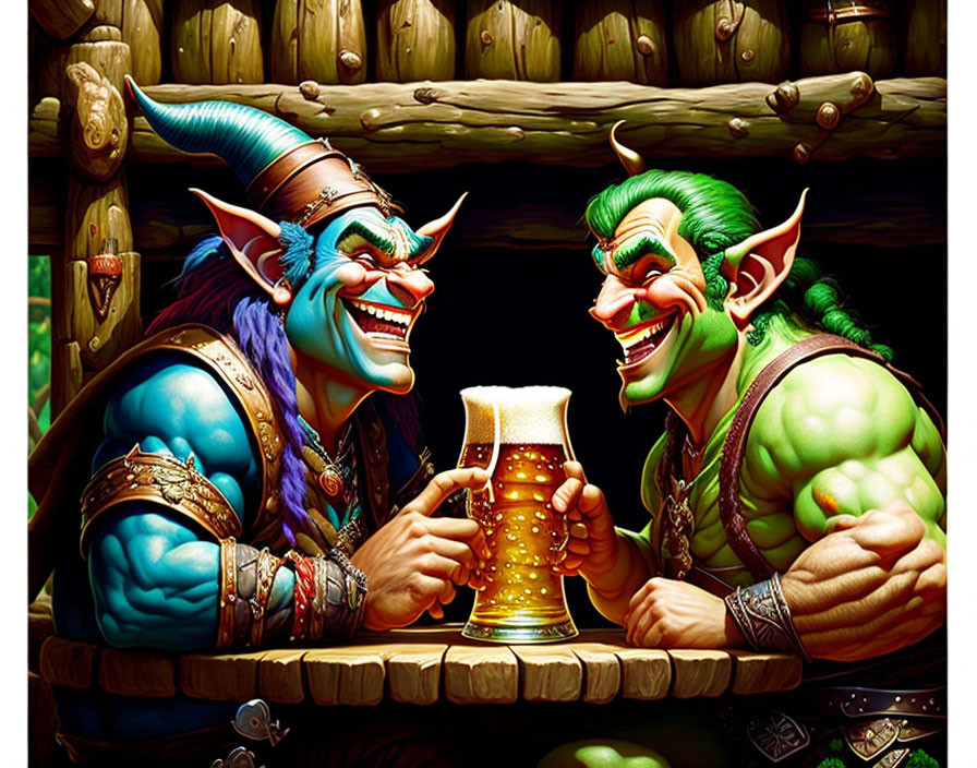 Animated orcs with large tusks toasting beer at wooden table