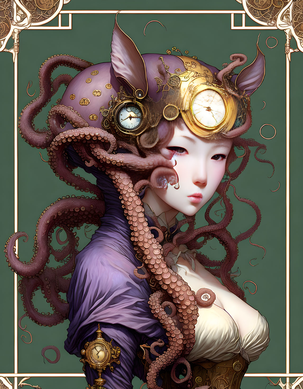 Illustrated portrait of woman merging with octopus in steampunk style against green backdrop