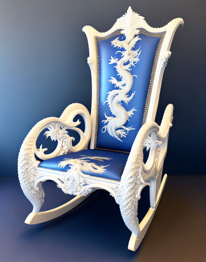 White Baroque-style Chair with Blue Dragon Embroidery