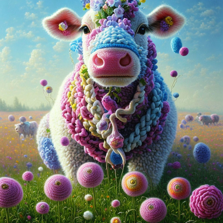 Colorful floral sheep in blooming meadow under clear sky