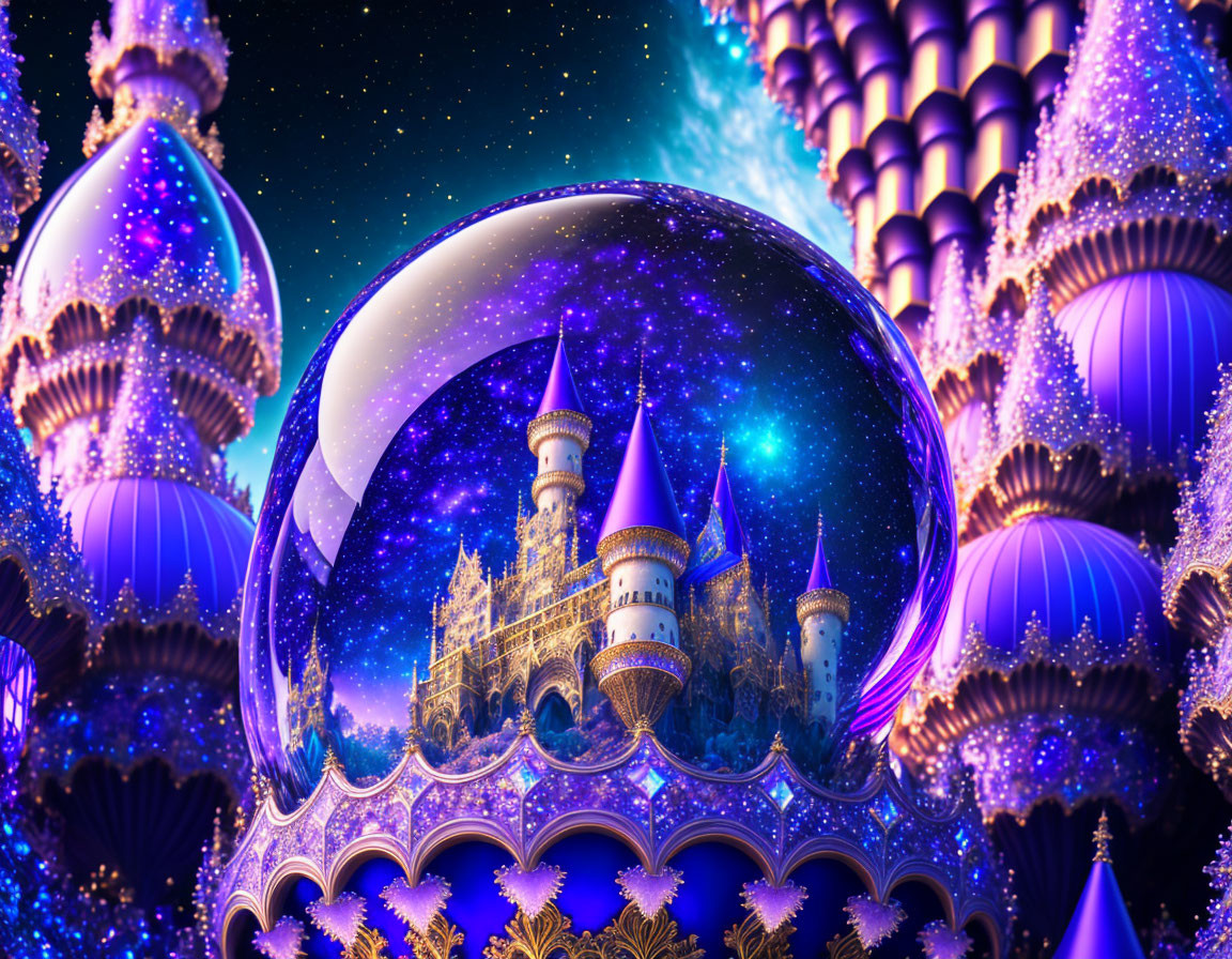 Sparkling castle in glass globe surrounded by purple towers under starry night sky