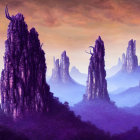 Purple Rock Pillars in Misty Landscape Under Pink and Purple Sky