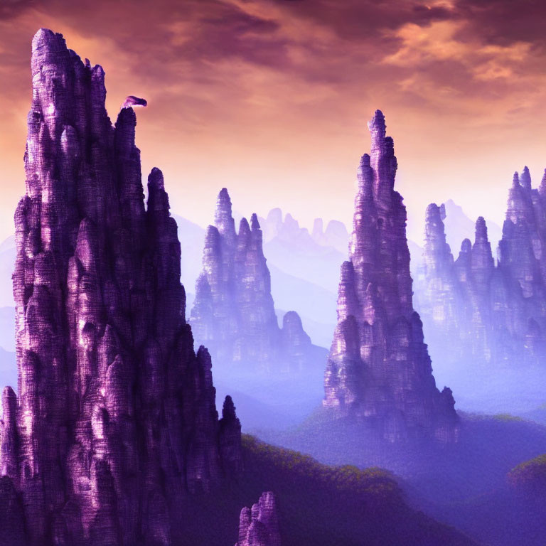 Purple Rock Pillars in Misty Landscape Under Pink and Purple Sky