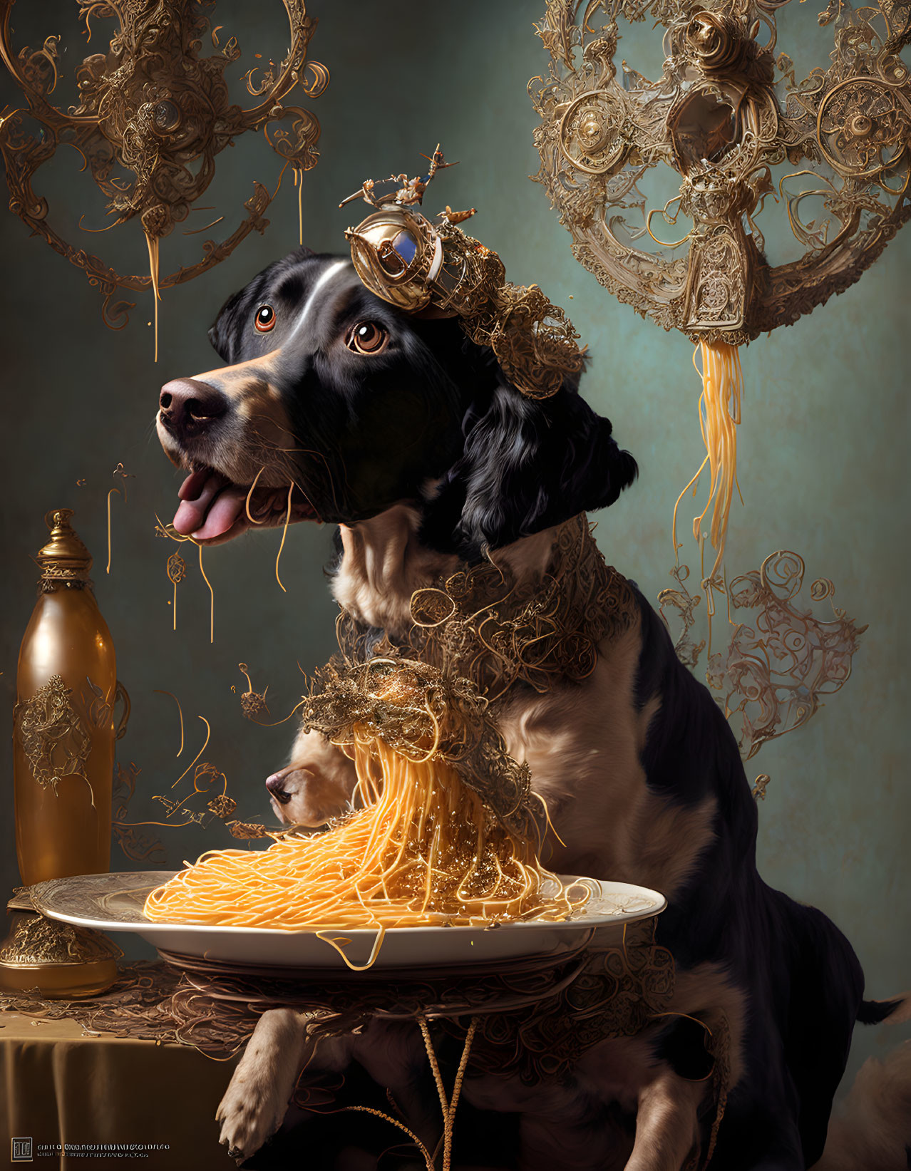 Regal dog in golden headgear with spaghetti plate and lavish decor.