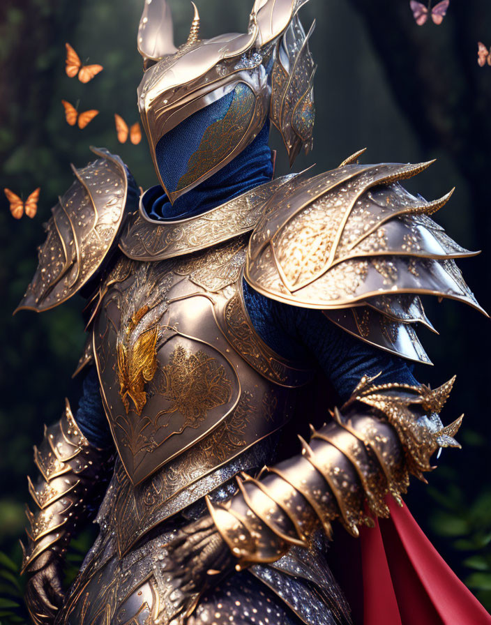 Knight in gold armor surrounded by butterflies in mystical forest