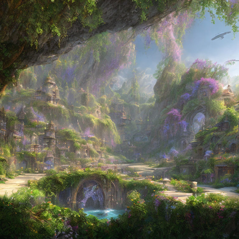 Mystical cave with lush greenery, waterfalls, and ancient ruins with arches and structures