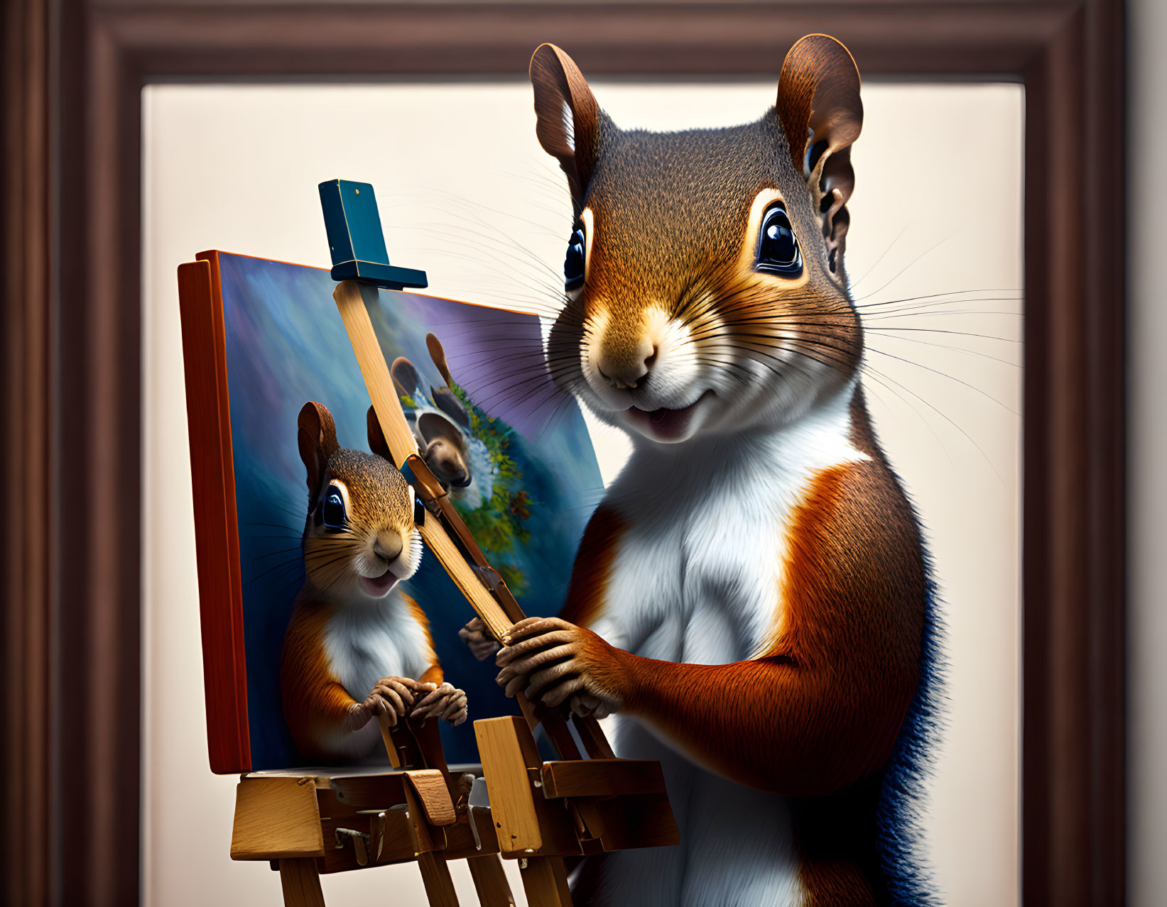 Anthropomorphic squirrel painting self-portrait with paintbrush and palette in framed artwork.