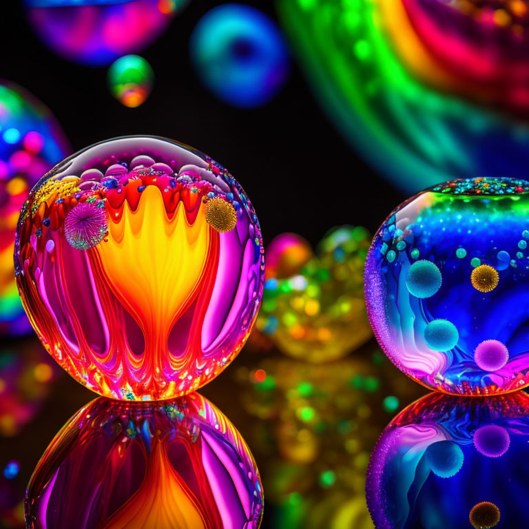 Vibrant Glass Spheres with Intricate Patterns on Dark Surface