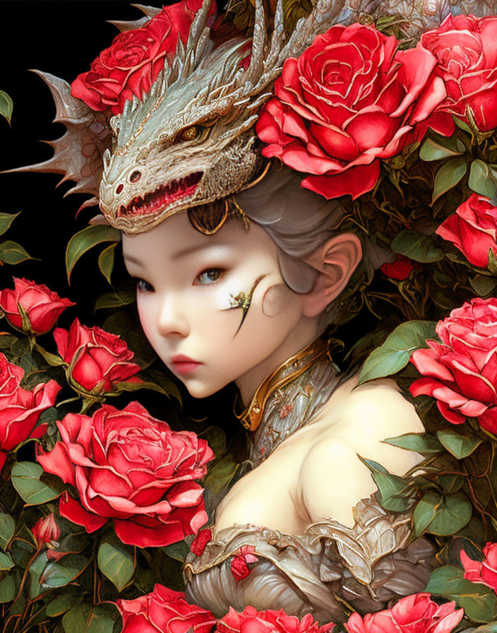 Digital artwork: Young person with pale skin and large eyes in dragon headdress and armor, surrounded by