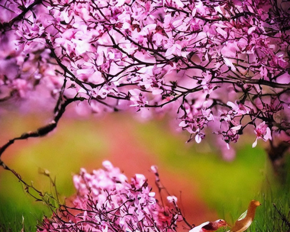 Blooming pink cherry blossoms against blurred background