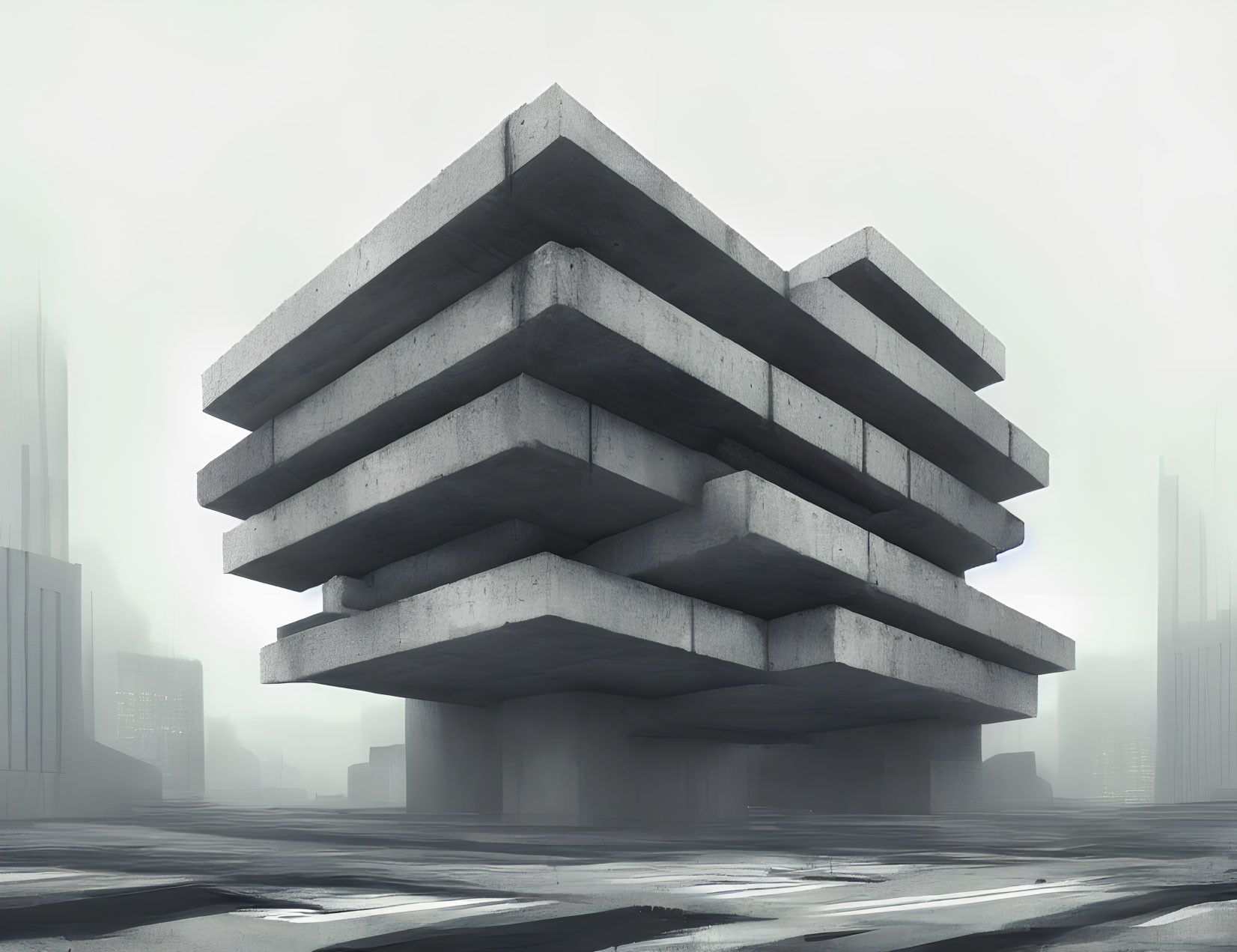 Geometric Concrete Building in Urban Misty Landscape