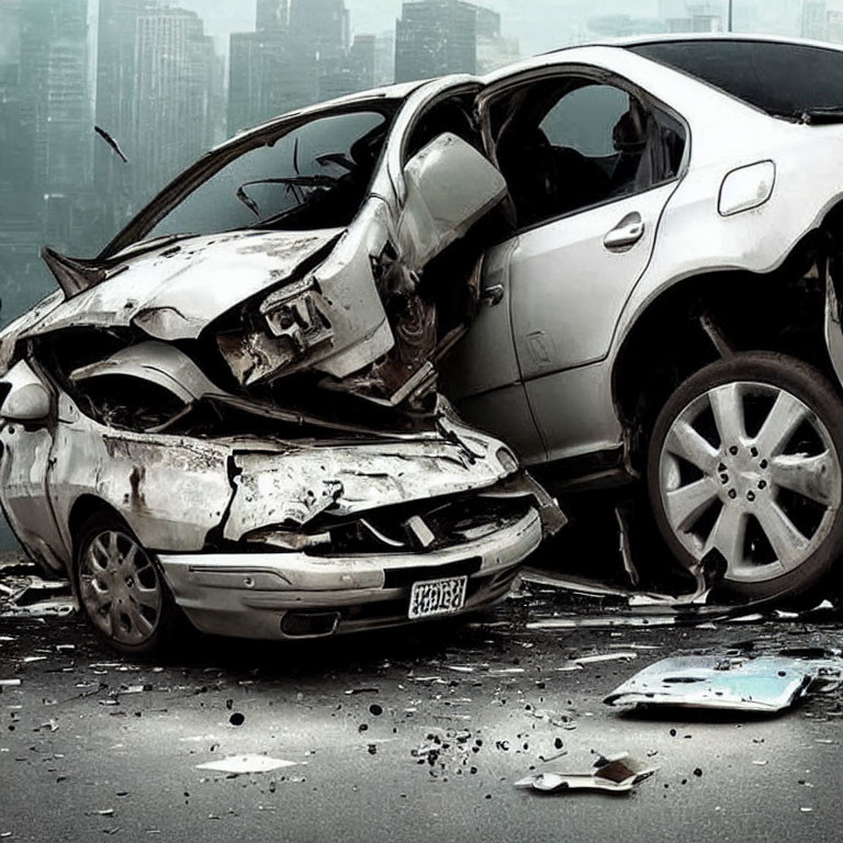 Severely damaged cars in urban collision with scattered debris and smartphone visible.