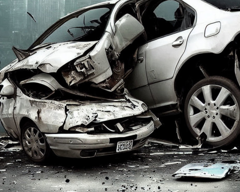 Severely damaged cars in urban collision with scattered debris and smartphone visible.