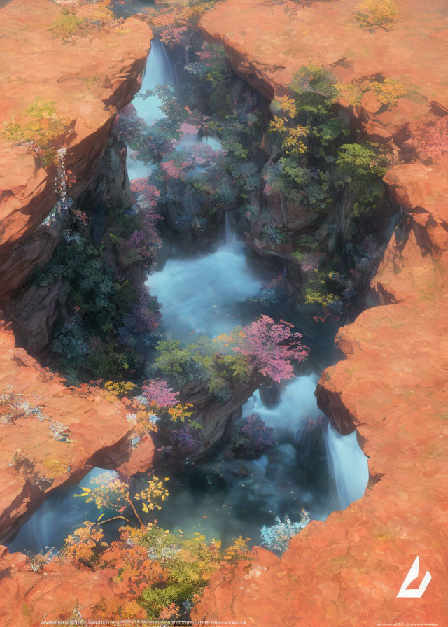 Tranquil landscape with waterfalls, autumn foliage, and rocky cliffs